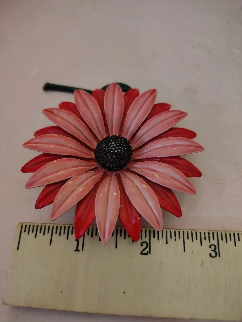 Vintage 1960s Coral Orange Enamel Daisy Flower Brooch Pin w/ Green Stem